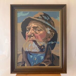 Vintage Framed Fisherman Needlepoint Art